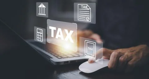 Hand using tablet with bar  TAX REFUND and refund tax of duty taxation busine Stock Photos