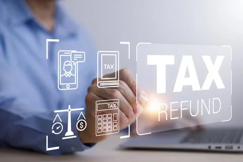 Hand using tablet with bar  TAX REFUND and refund tax of duty taxation busine Stock Photos