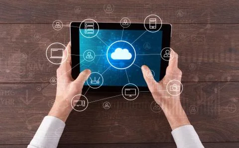 Hand using tablet with centralized cloud computing system concept 스톡 사진