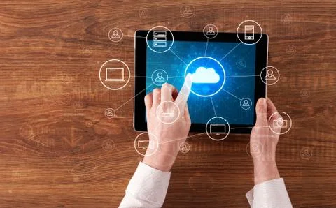 Hand using tablet with centralized cloud computing system concept 스톡 사진