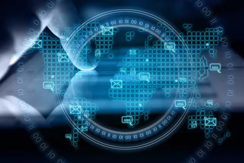 Hand using tablet computer with envelope icon on a world map interface. Stock Illustration