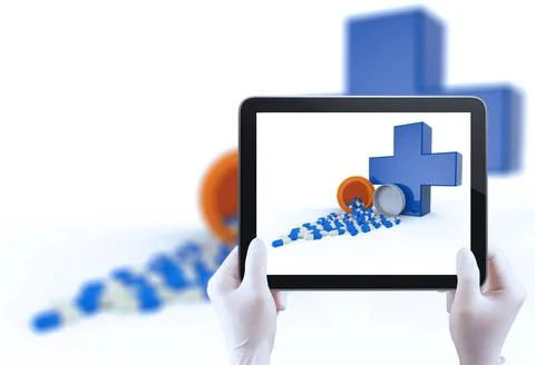 Hand using tablet computer show pills spilling out of pill bottle Stock Illustration