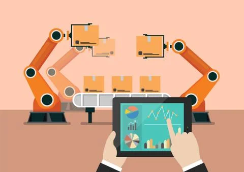 Hand using tablet to control automation robot arm machine Stock Illustration