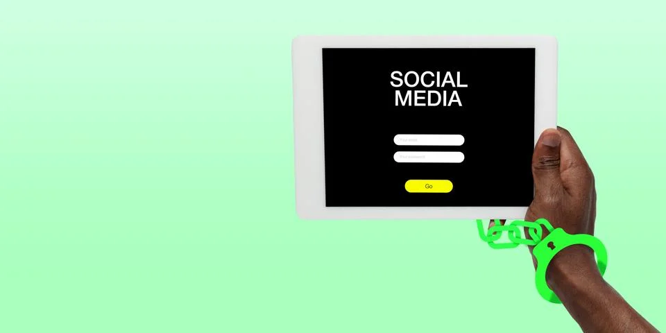 Hand using tablet, device on top view. Addicted, wired with chain to social Stock Photos