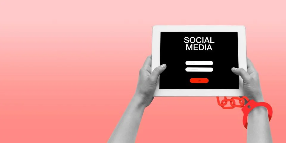 Hand using tablet, device on top view. Addicted, wired with chain to social Stock Photos