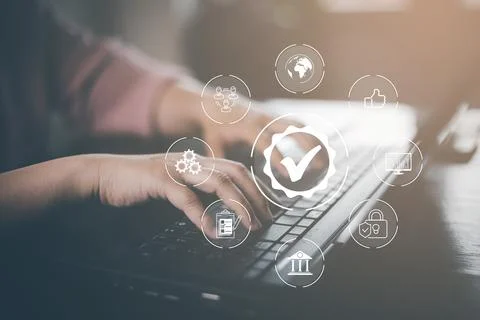 Hand-using tablet with Quality management with Quality Assurance or QA and Qu Foto stock