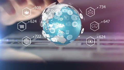 Hand using tablet with social media icons. media marketing Stock Footage 159847627