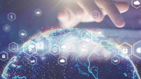 Hand using tablet with social media icons. media marketing Stock-Footage 159848331