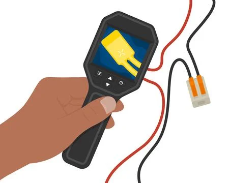 Hand Using Thermal Imaging Camera to Inspect Electrical Wire Connector Illustrazione stock
