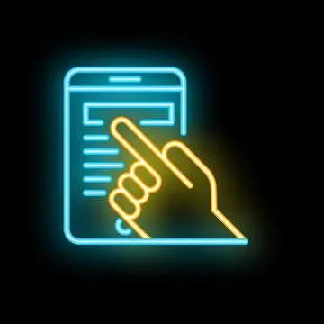 Hand using touch screen smartphone neon sign on black background Stock Illustration