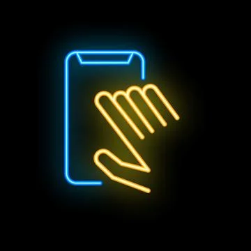 Hand using touch screen smartphone neon sign on black background Stock Illustration