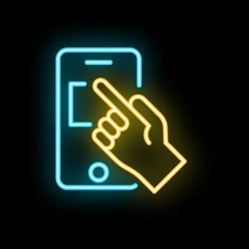 Hand using touchscreen of mobile smartphone with neon light effect Stock Illustration