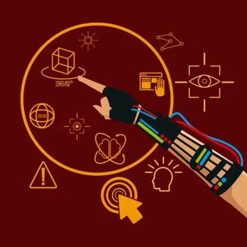 Hand using wired glove vr technologies for gaming Illustrazione stock