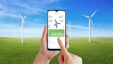 Hand utilizes a wind generator app to monitor energy production Stock Photos