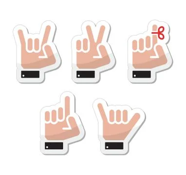 Hand vector gestures, signals and signs - victory, rock, point labels Stock Illustration