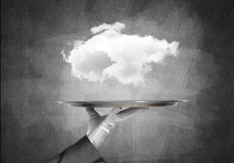 Hand of waitress presenting cloud on tray. Stock Photos