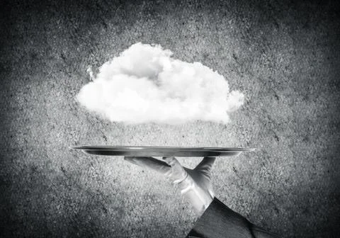 Hand of waitress presenting cloud on tray. Stock Photos