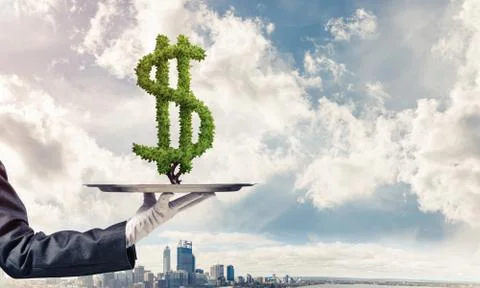 Hand of waitress presenting dollar sign on tray. Stock Illustration
