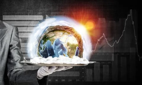 Hand of waitress presenting Earth globe on tray. Stock Photos