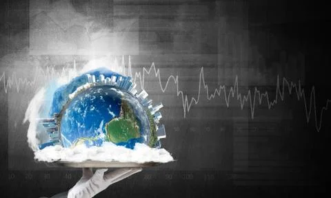Hand of waitress presenting Earth globe on tray. Stock Photos