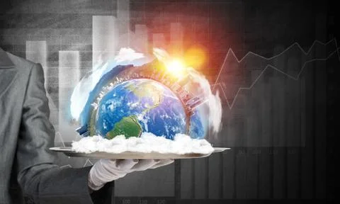 Hand of waitress presenting Earth globe on tray. Stock Photos