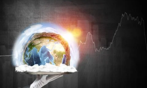 Hand of waitress presenting Earth globe on tray. Stock Photos