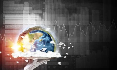 Hand of waitress presenting Earth globe on tray. Stock Photos