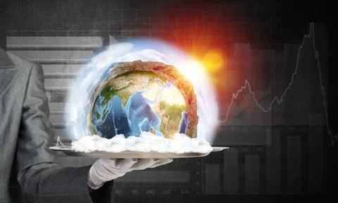 Hand of waitress presenting Earth globe on tray. Stock Photos