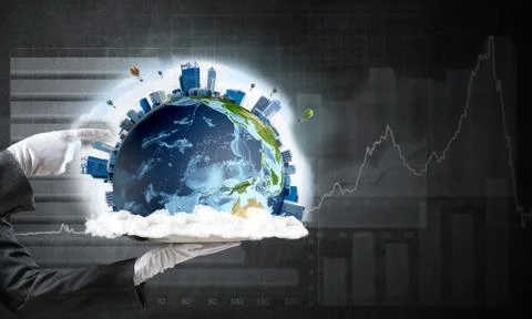 Hand of waitress presenting Earth globe on tray. Stock Photos