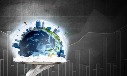 Hand of waitress presenting Earth globe on tray. Stock Photos