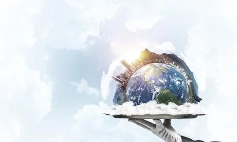 Hand of waitress presenting Earth globe on tray. Stock Photos