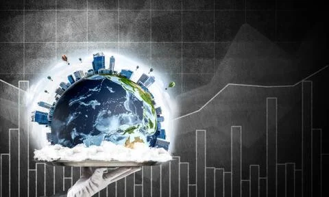 Hand of waitress presenting Earth globe on tray. Stock Photos