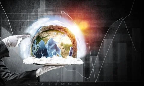 Hand of waitress presenting Earth globe on tray. Stock Photos