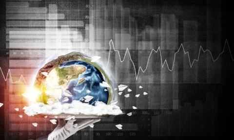 Hand of waitress presenting Earth globe on tray. Stock Photos