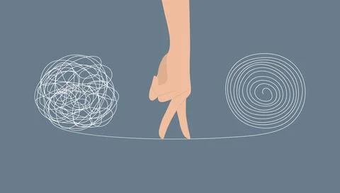 Hand walking with fingers on thread between tangled and untangled balls Stock Illustration