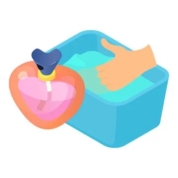 Hand wash icon isometric vector. Basin of water and human hand near perfume icon Illustration