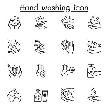 Hand washing icon set in thin line style Stock Illustration