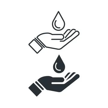 Hand with water drop. Save water line and flat icon. Stock Illustration
