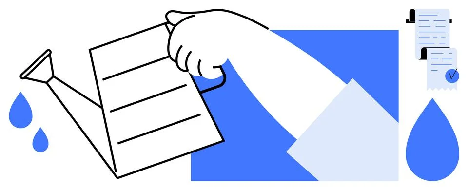 A hand waters a paper document using a watering can. Ideal for themes like nu Stock Illustration
