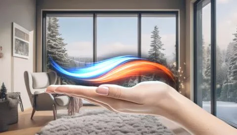Hand with wave of cold and warm air. Air recuperation and heat recovery conce 스톡 일러스트