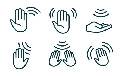 Hand wave sensor motion gesture line icon. Palm wave sensor touch control button Stock Illustration