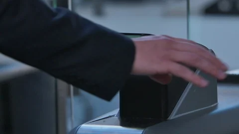 Hand Waves Across Touchless Biometric Fingerprint Scanner Gate Video stock 91232193