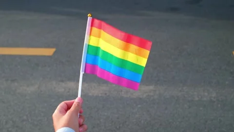 Hand Waving Rainbow Pride Flag During Public Celebration Stock Footage 340191478