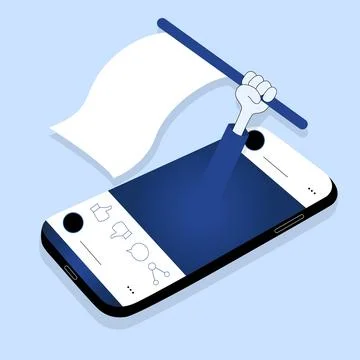 A hand with a white flag climbs out of the phone Stock Illustration