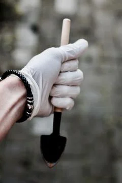 Hand in white gloves with spade Stock Photos