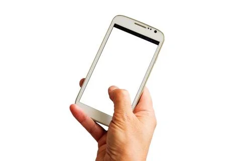 Hand with white smartphone Foto stock