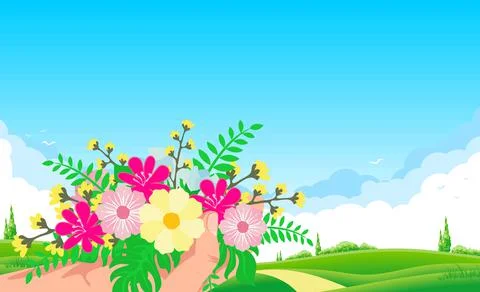 Hand with wildflowers springtime landscape Stock Illustration