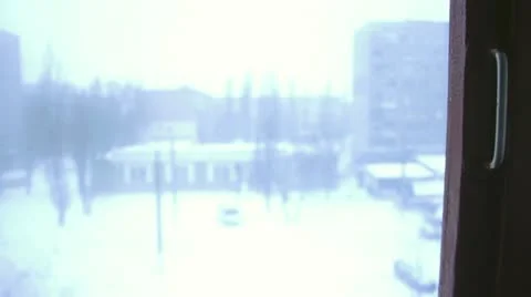 Hand wipes misted window in winter Stock Footage 14808531