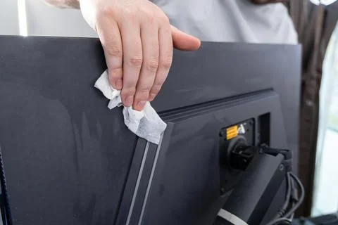 Hand wiping the back of a black computer monitor with a wet cleaning wipe, .. Stock Photos