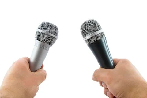 Hand with wireless microphone isolated on white background Stock Photos